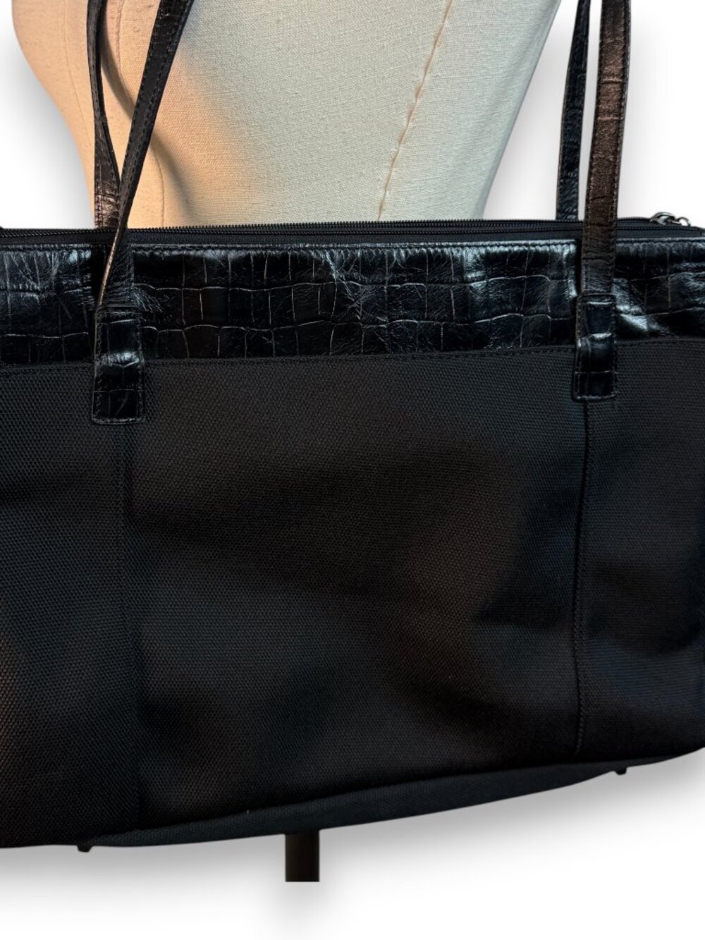 The Maxx New York | Black Embossed Croco Leather Trim Tote with Tartan Lining